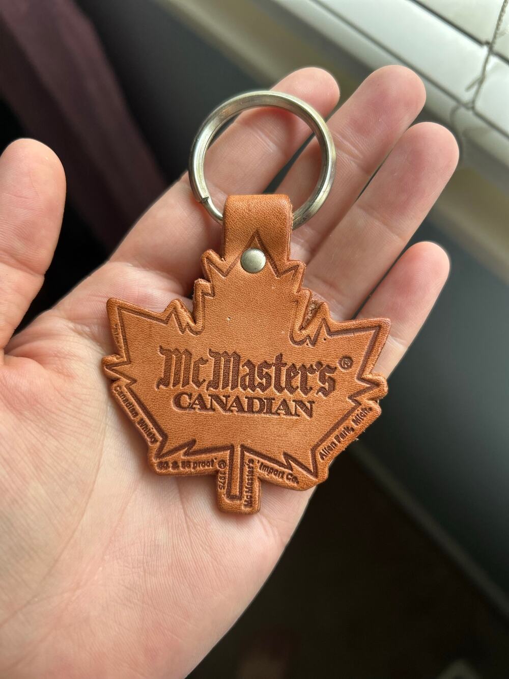 RARE 1970s Leather McMasters Canadian Whisky Whiskey Key Fob Liquor Collectible